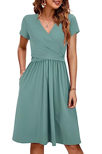 Image of OUGES Maternity Nursing Dress Breastfeeding Short Sleeve V Neck Casual Pregnancy Clothes with Pockets