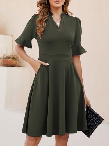 Image of Mokayee Womens Summer V Neck Ruffle Short Sleeve Fit and Flare Knee Length Church Wedding Guest Dresses with Pockets