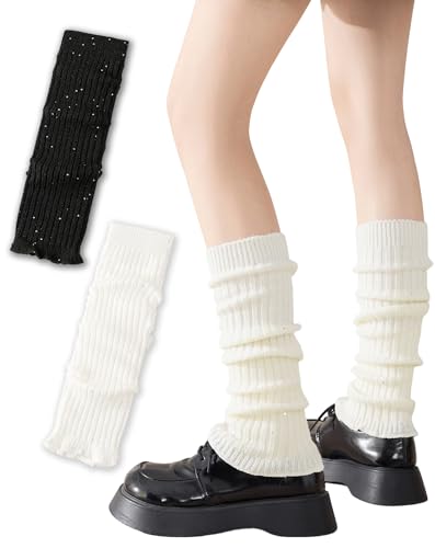 Image of Yawlsow Leg Warmers for Women Girls Y2k Knit Ruffle Leg Warmer Winter 80s with Sequins, Japanese Kawaii Harajuku Accessories