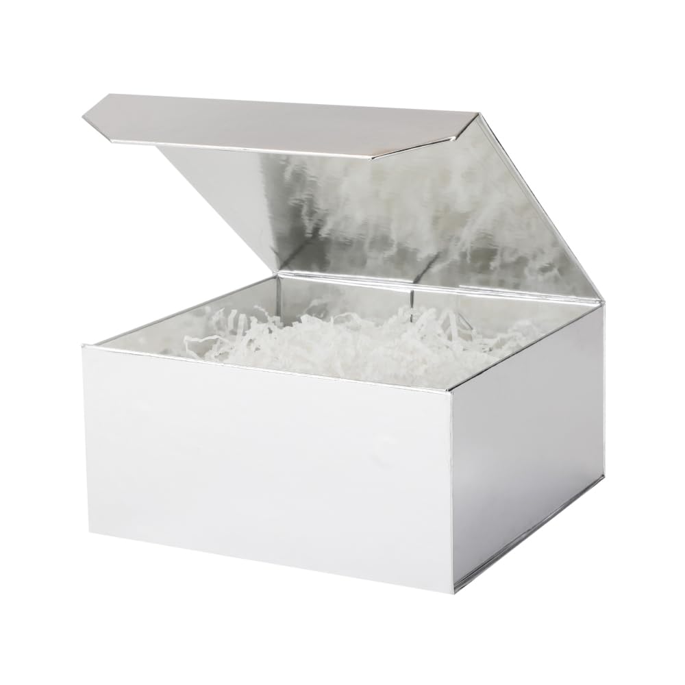 PACKGILO 1 Pcs 6x6x3 Inch Silver Magnetic Gift Box with Crinkle Paper Silver Small Gift Box with Shredded Paper Luxury Gift Boxes with Lids for