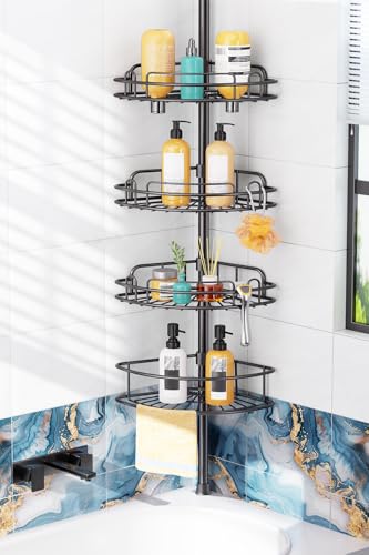 HAMITOR Shower Caddy Tension Pole: 4-Tier Rustproof Bathroom Corner Shelf Organizer for Renters - No Drill Large Shampoo Storage Rack - Adjustable 47-121 Inch - Space Saving Bathtub Accessory - Black