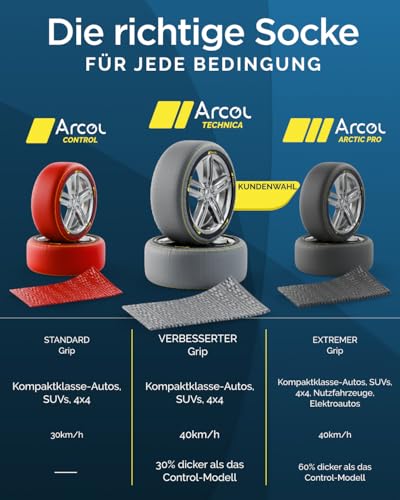 ARCOL Textil Schneeketten Zugelassen EN 16662-1 - // Technica Schneesocken Auto, Leicht zu Installieren, für eine Leise, Sichere und Langlebige Fahrt - Detaillierte Maße im Inneren (Technica, XL)