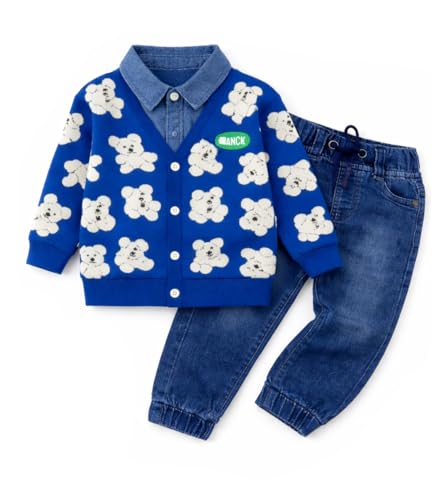 Image of Bold N Elegant Teddy Bear Cartoon Print Cardigan Jacket Attached Shirt & Denim Jeans Pant Winter Party Clothing Set for Boys Girls Kids