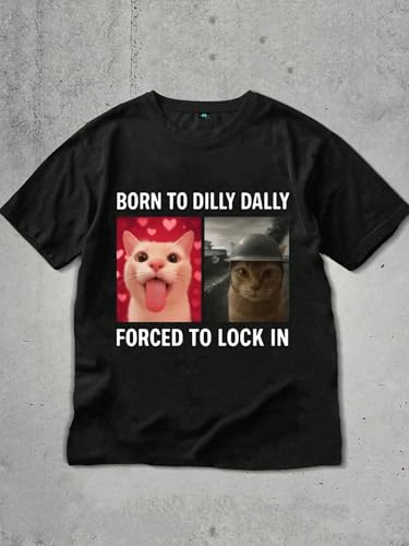 Image of SXV STYLE Born to Dilly Dally, Forced to Lock in Shirt, Funny Cat Mood Tee, Dual Personalized Cat Shirt, Silly Cat Graphic Tee