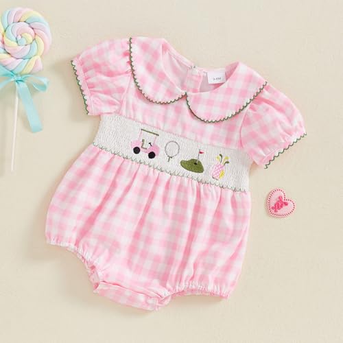 MERSARIPHY Newborn Baby Girl Golf Outfit Bubble Smocked Bubble Romper Short Sleeve Plaid Bodysuit Jumpsuit Summer Clothes3