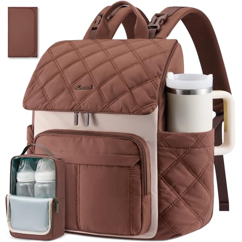 LOVEVOOK Diaper Bag Backpack With Pocket For Large Capacity Cup Multi-Function Baby Travel Bag For Mom Dad Waterproof Baby Bag for Boys Girls with Changing Pad Insulated Bag Stroller Straps Brown