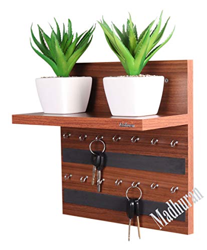 Image of Madhuran Rcbi Engineered Wood Wall Hanging Display Key Holders Stand Shelves (14 Hooks Teak) Keychain Holder Home Decor Stylish Stand Multipurpose Hanger Self Shelf
