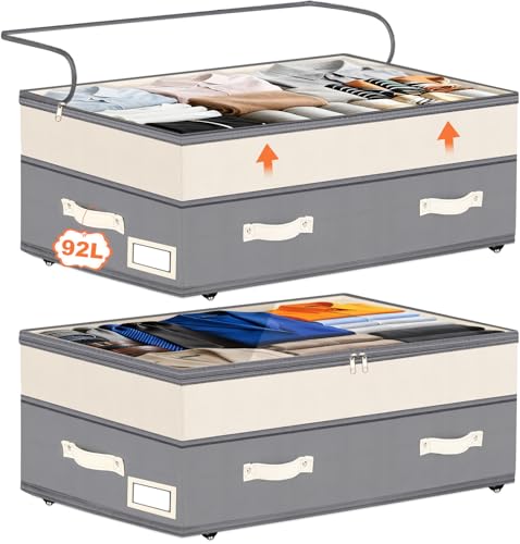 Best Underbed Storage Drawers for Organizing Clothes and Shoes Efficiently 4 Dolicer 2 Pack Under Bed Storage with Wheels, 6in-10in Height Adjustable Underbed Storage Containers, 92L XXXL Under Bed Drawers Rolling Bin with Clear Lids for Dorm Shoes Clothes Organizers(Grey)
