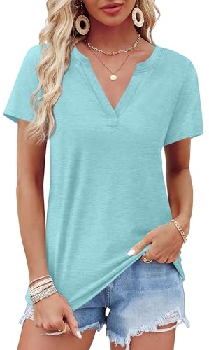 Image of WEESO Womens Tops Summer Short Sleeve V Neck Blouses Business Casual Loose Fit Tshirts Trendy Fashion Outfits