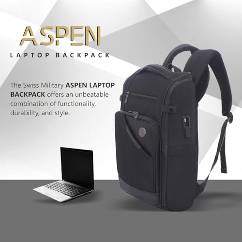 Image of SWISS MILITARY Aspen Laptop Backpack 15.6 Inch with USB Charging Port, Quick Access Pockets, iPad Compartment, Mesh Bottle Holders, 16L Compact Travel Office College Bag for Men Women