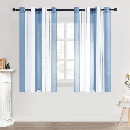 MRTREES Voile Gardinen Kurz Vorhang Halbtransparent Streifen Stores Schals mit Ösenschal Moderner Wohnstil Weiß+Blau 145×140cm (H×B) für Dekoration Kinderzimmer Wohnzimmer Schlafzimmer 2er-Set