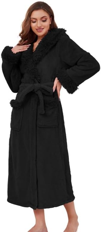 LYCY Womens Hooded Plush Long Robe, Soft Warm Fleece Bathrobe for Women Fluffy Cute Spa Robe