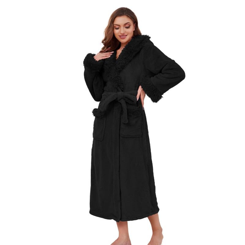 LYCY Womens Hooded Plush Long Robe, Soft Warm Fleece Bathrobe for Women Fluffy Cute Spa Robe