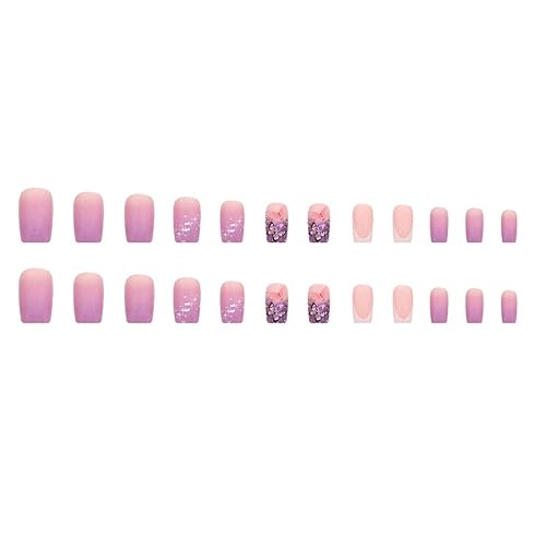 Miniatura 5 de 24 uñas acrílicas a presión de longitud media larga con diseño de lentejuelas de mariposa, uñas adhesivas para mujeres y niñas