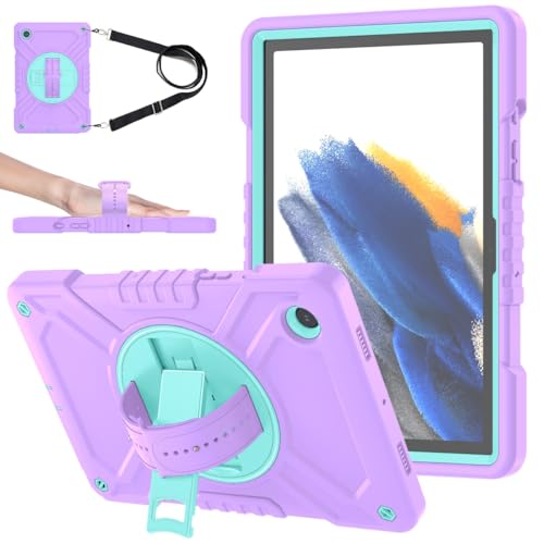 Funda protectora antiamarilleamiento para Samsung Galaxy Tab A8 SM-X200/X205 de 10.5 pulgadas 2021, tableta de tres capas a prueba de golpes, PC + soporte giratorio de 360 grados (morado + verde)