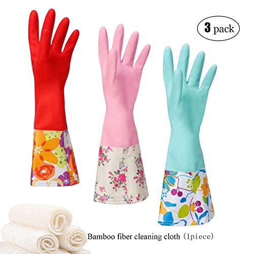 Household Rubber Cleaning Dishwashing Latex Gloves Non-slip Waterproof Reuseable?3-Pairs??Free get Cleaning Cloth (1-Pack) Red Green Pink
