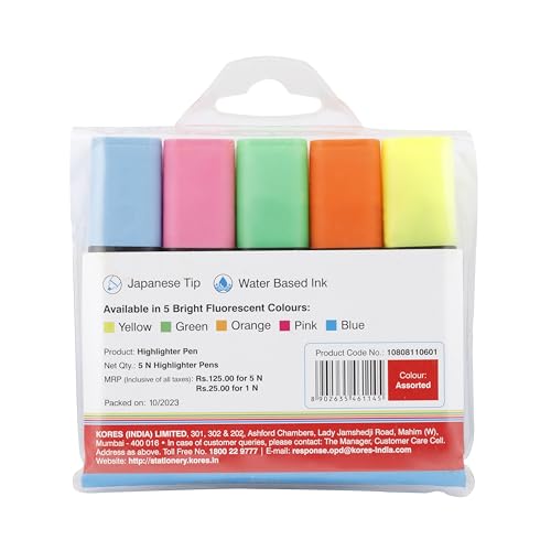 Image of Kores Smoothline + Highlighter | Assorted Colour | Set of 5 Vibrant Colour | Ideal Use : Office, School & Home | Excellent of Students & Professionals