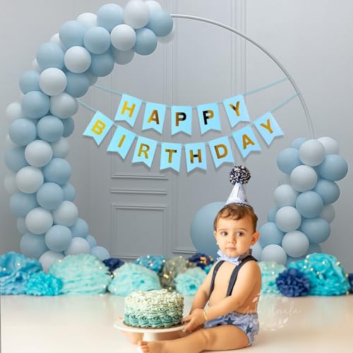 Image of Party Propz Birthday Decoration Kit for Boys - 53 Pcs Blue and White Balloons for Decoration, Pastel Balloons for Decoration, Happy Birthday Decoration Kit with Banner (Cardstock)