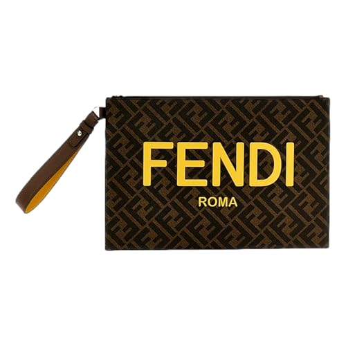 FENDI Bolsa de pulso grande com estampa de zucca marrom e amarela em lona revestida, Marrom, Medium