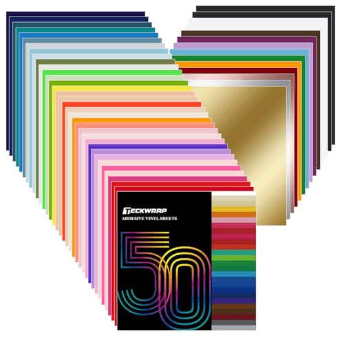 TECKWRAP 50 Pack 12 x 12 Permanent Adhesive Vinyl Sheets 48 Assorted Colors (Glossy & Matte) with 2 Transfer Tape for DIY Crafting Decor Sticker Compatible with Cutting Machines