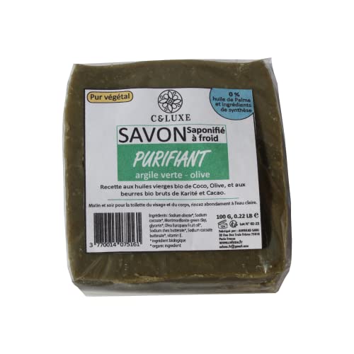 Savon PURIFIANT saponifié à Froid 100 % naturel, effet masque à l'Argile verte anti points noirs. Olive Coco Karité, peau grasse mixte normale sensible. Artisanal français 100 gr. (Lot de 1 unité) Cover