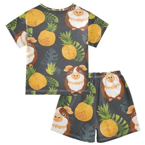ALAZA Guinea Pig Pineapple Palm Leaves Pajamas Short Sleeve 2 Piece Sleepwear Top and Bottom Pajama Set Unisex2