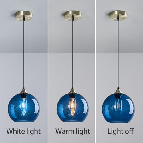 Image of Blue Glass Pendant Lights Kitchen Island Lighting Globe Pendant Light Fixtures Modern Pendant Lighting for Kitchen Island Bedroom Living Dining Room Light Fixture(7.87in, 2-Pack)