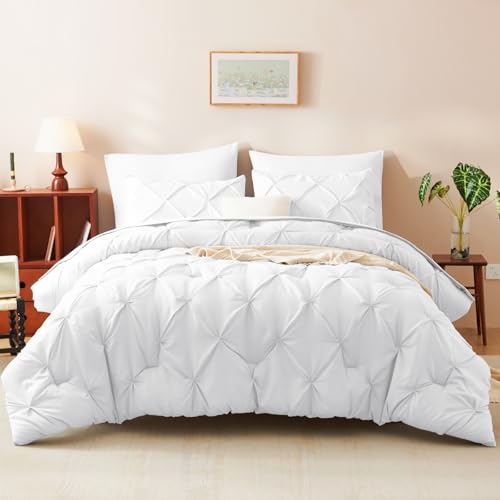 CozyLux Queen Comforter Set White, 7 Pieces Pintuck Bed in A Bag, Premium White Comforter Queen Size, Pinch Pleat Bedding Sets with Comforter, Sheets, Pillowcases & Shams