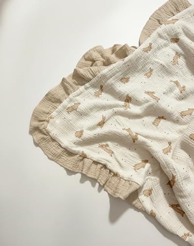 Image of Muslin Ruffled Baby Blanket, Extra Large 52 x 52 Inches, Soft Breathable Cotton Crib Blanket for Newborn Infant Toddler (Mustard Yellow-Ruffled, Printed)