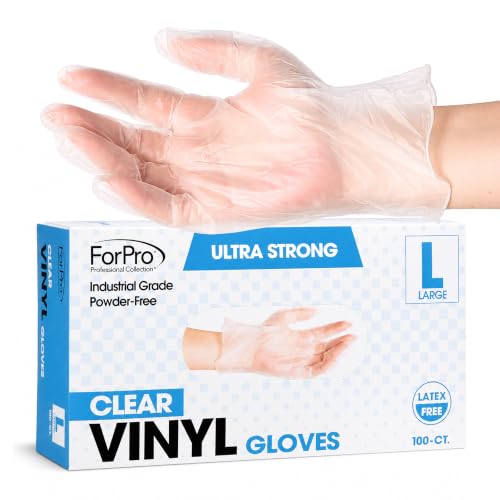 ForPro Disposable Vinyl Gloves Clear Industrial Grade Powder-Free Latex-Free Non-Sterile Food Safe 2.75 Mil. Palm 3.9 Mil. Fingers Large 100-Count