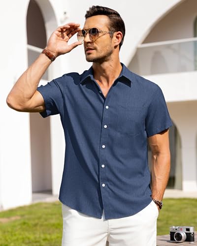 Image of Alimens & Gentle Mens Linen Shirts Short Sleeve Button Down Shirts Wrinkle Free Casual Vacation Beach Summer Tops