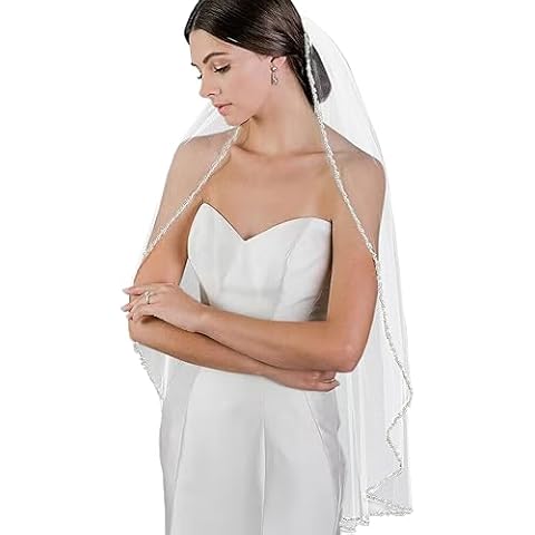 GAODESI Wedding Veil Pearls and Crystals Beaded Edge 1 Tier Fingertip Length Bridal Veil Cover