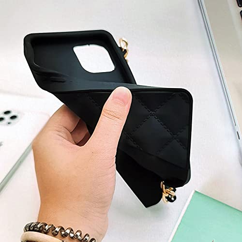 Omio for iPhone 13 Handbag Case with Flip Card Holder Wrist Lanyard Strap Soft Silicone Cover for iPhone 13 Wallet Case for Women Luxury Stylish Long Pearl Crossbody Chain Case Black - Thumbnail 3