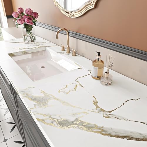 YENHOME Tapeten Selbstklebende Tapete Marmor Weiß 40x500cm Möbelfolie Marmor Folie Weiß Gold Matt für Arbeitsplatte Küche Modern Folie… – Ansicht 2