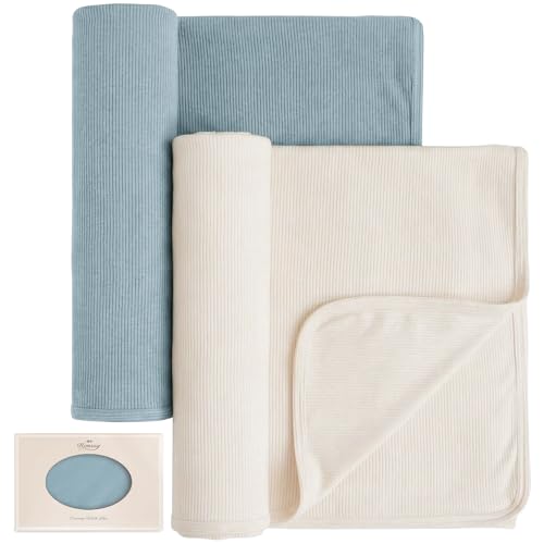 Image of Konssy Knit Baby Blanket 2 Pack, Soft Ribbed Swaddle Receiving Blankets for Boys & Girls, Lightweight Cozy Swaddling Wrap for Newborns, Infants, & Toddlers, 33x42 Inch (Blue, Beige)