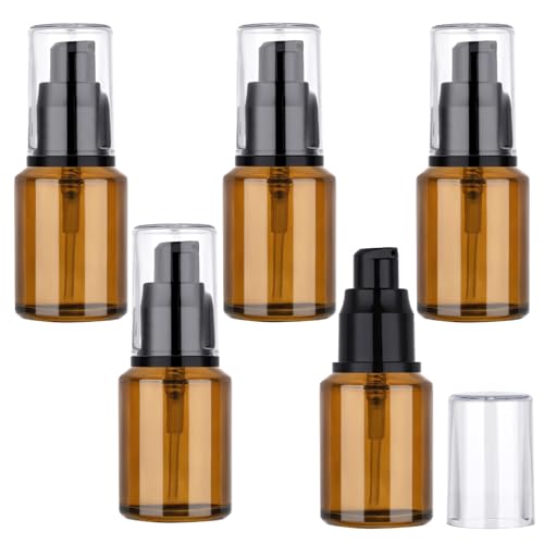 Image of Segbeauty 1oz Refillable Lotion Bottle with Pump, Pack of 5 Frosted Travel Glass Bottles Creams Lotion Containers Foundation Bottle for Travel Size, 30ml Makeup Pump Dispenser for Toiletries Amber