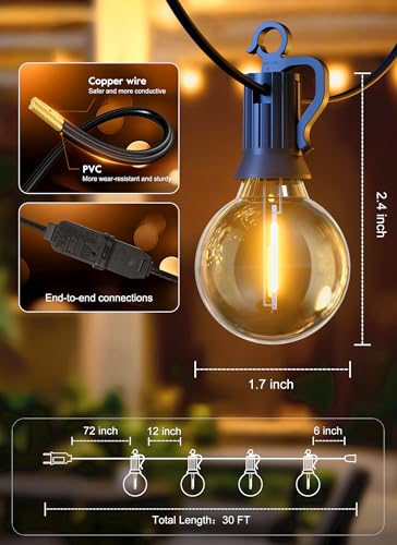 Brightown 30FT LED Outdoor String Lights, Plug-in Waterproof Patio Lights with 25 Shatterproof Bulbs, Warm White Outdoor Hanging Light Decor for Backyard Deck Garden Bistro Porch Party