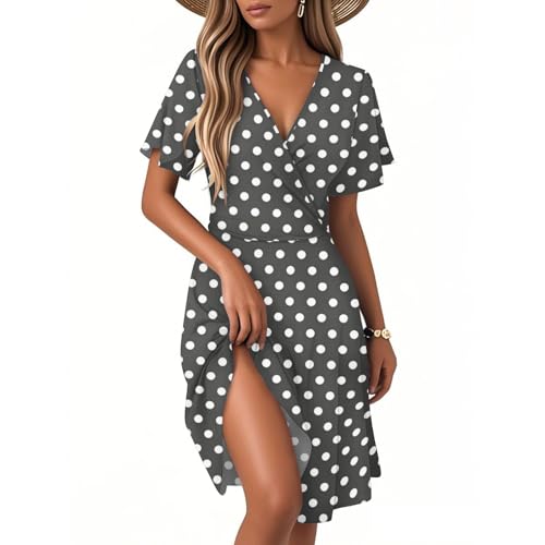 Générique Robe Noirrobe D'Été Bohème pour Femme Imprimé À Pois Manches Trompettes Mini-Robe Légère À Encolure en V Robe De Plage Arrivant Aux Genoux Respirante Robe D'Été Coupe Trapèze(Gris, L)