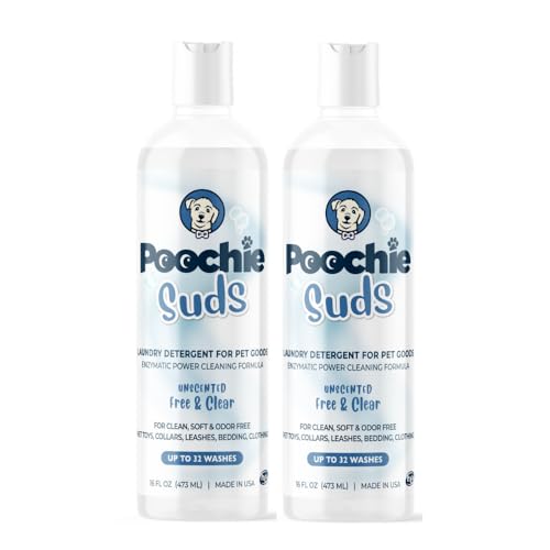 Poochie Suds Pet Laundry Detergent, Enzyme Cleaner and Odor Remover, Hypoallergenic and Fragrance-Free Pet Safe Detergent for Dog and Cat Bedding, Blankets, Toys and Gear, Made in USA, 32 fl oz