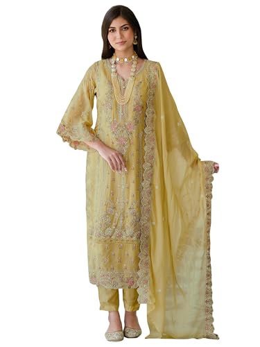 Image of INDO ERA Women's Organza Kurta and Pant with Dupatta Set