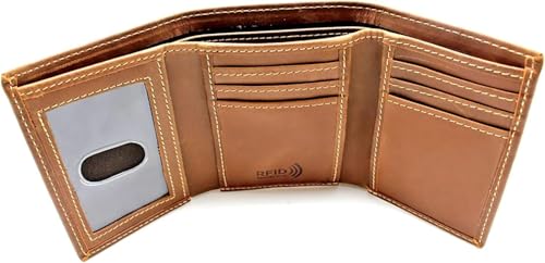 RFID Safe Men's Trifold Genuine Leather Wallet - Slim, Stylish, and Durable Design with Multiple Card Slots (J132TF Tan)4