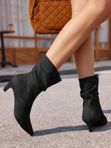 Coutgo Women's Slouchy Ankle Boots Low Kitten Heel Pointed Toe Booties Side Zipper Fall Shoes3
