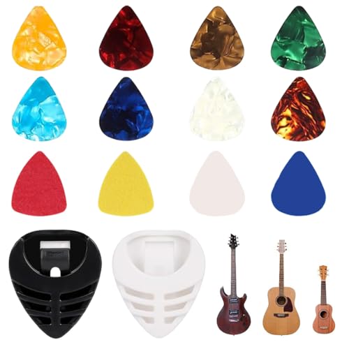 Gitarren Plektren-Halter - Pickholder mit 12 KOSTENLOSE Plektren, Feder Plektrum-Halter, Plektren aus Zelluloid für Elektro-, Bass- und Akustikgitarre, Ukulele, 0.46mm 0.71mm 0.96mm