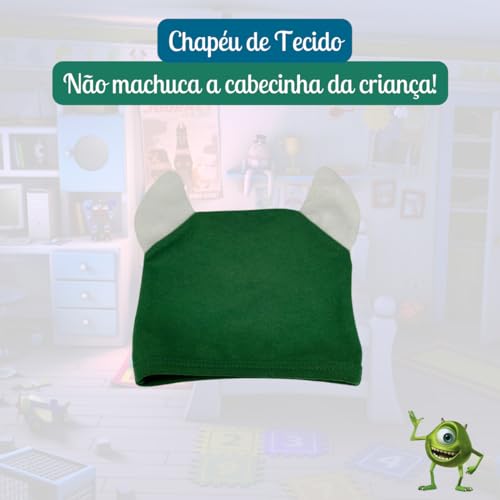 Body Fantasia de Bebe Monstros Mike Verde Menino Menina Touca SA Tecido Algodão Tamanho G