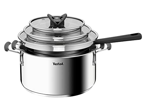 Tefal G7376S Opti'Space Topfset 6-teilig | Stielkasserolle 16 cm (inkl. Deckel) | Kochtöpfe 20/24 cm (inkl. Deckel) | Edelstahl | Thermo-Fusion-Boden | für alle Herdarten | Induktion | Grau