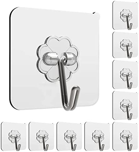 HOOOOXEZ Adhesive Wall Hooks for Hanging Heavy Duty 13lbs, No Damage Picture Frames Hangers for Home and Office, Sticky Hooks for Kitchen Bathroom, Transparent Waterproof and Rustproof, 10 Pack
