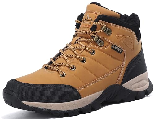 ARRIGO BELLO Walking Boots Mens Winter Snow Boot Hiking Warm Fur Ankle Trekking Leather Non-Slip Outdoor Shoes Size 41-46(B Yellow 43)