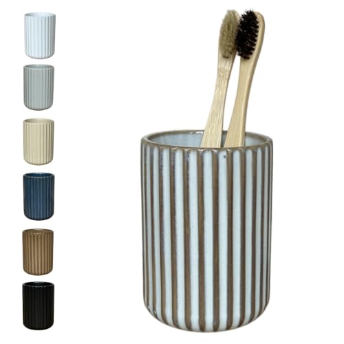 Stoneware Toothbrush Holder for Bathroom Tooth Brush Holder for Bathroom Toothbrush Cup Toothbrush Holders Cute Fluted Vertical Ribbed Stripe (Retro White)