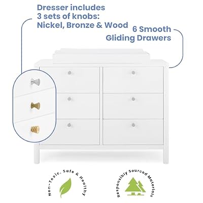 Delta Children Brooks 6 Drawer Dresser with Interlocking Drawers (Includes 3 Sets of Knobs Choose from Natural, Brushed Nickel & Melted Bronze), Bianca White