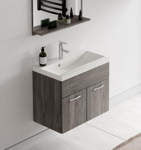 Badplaats Badmöbel Komplettset Montreal 02 60 x 35 cm Grau Eiche - Badezimmermöbel mit Waschbecken und Spiegel